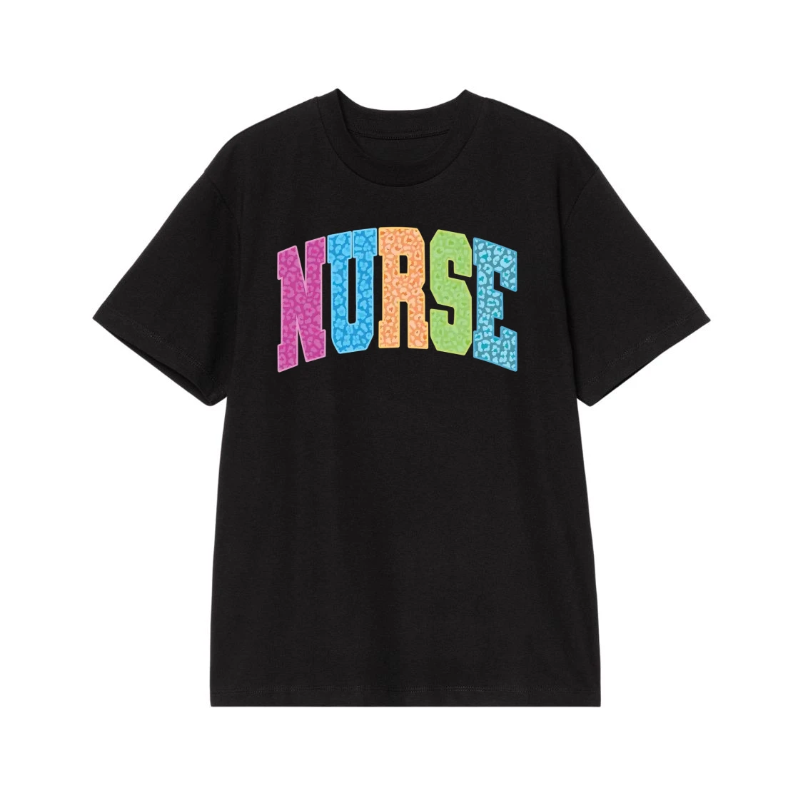 Colorful Leopard Print Nurse Arched Text T-Shirt