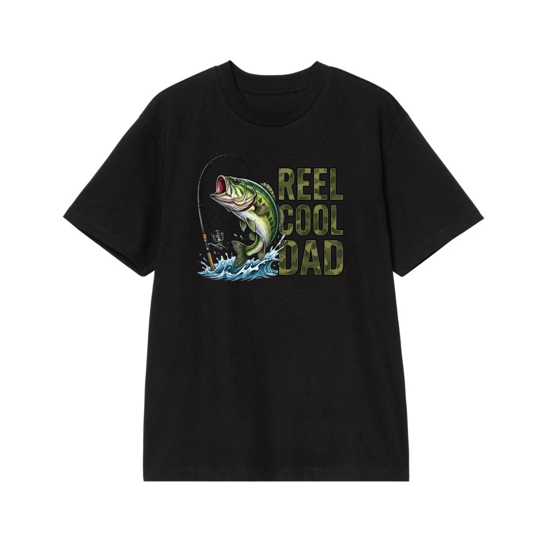 Reel Cool Dad Camo Text With Bass Fishing Graphic