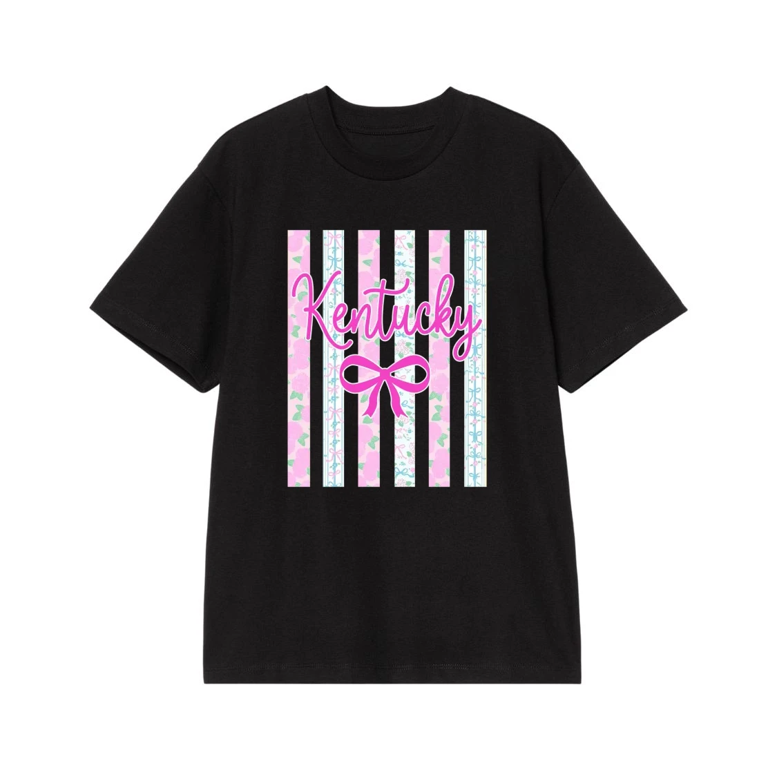 Kentucky Cursive Script With Pink Bow On A Preppy Floral Striped Background