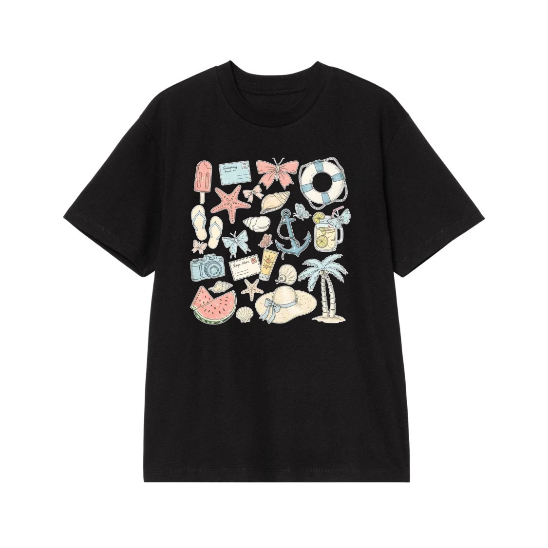 Summer Beach Vacation Illustrations Collage T-Shirt