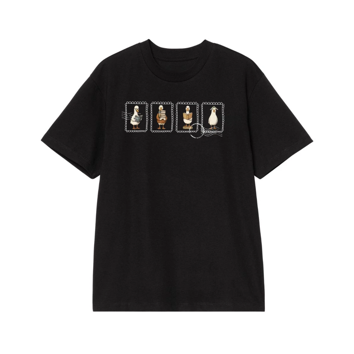 Bookworm Geese Reading Books In Postage Stamp Frames T-Shirt