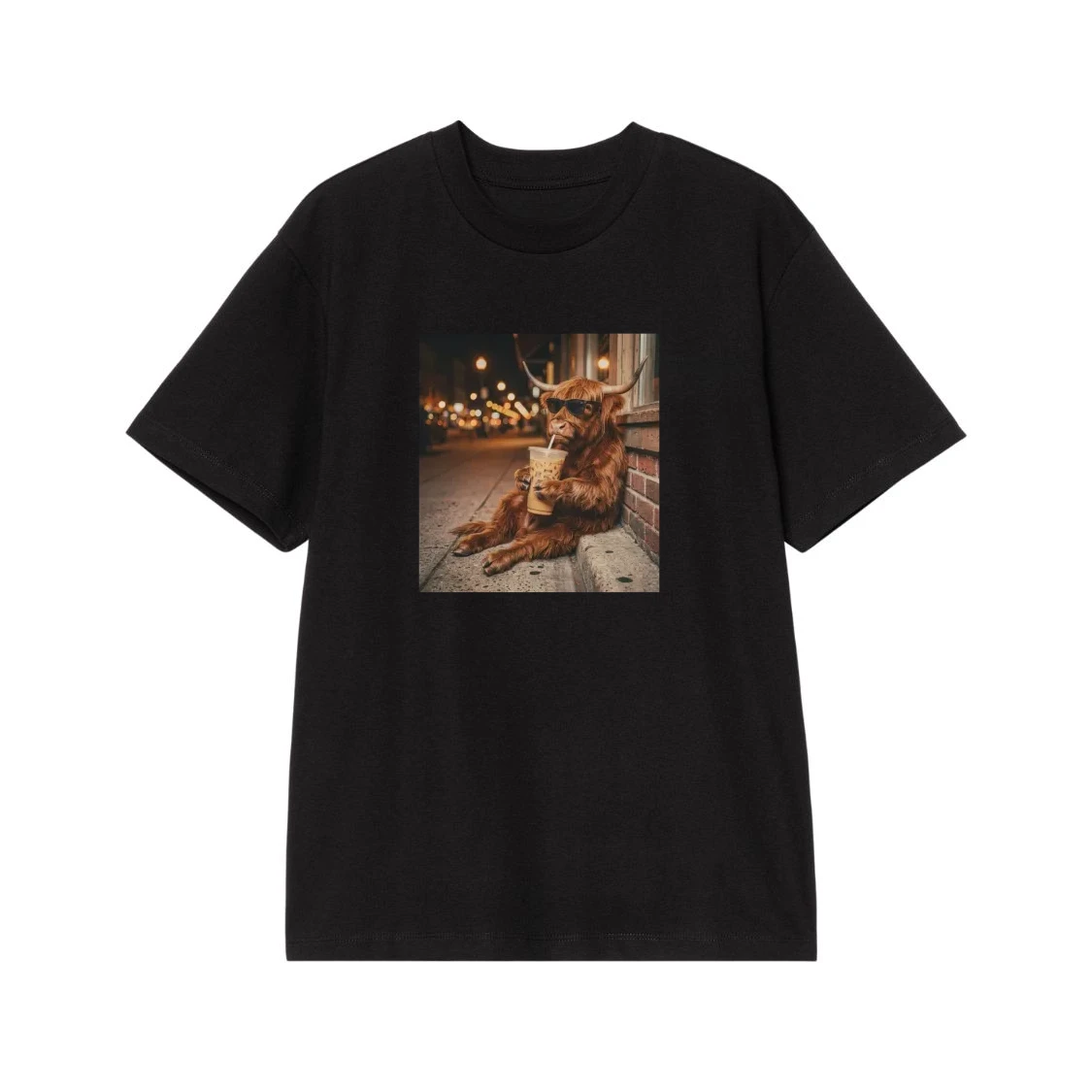 Highland Cow With Sunglasses Drinking Iced Coffee T-Shirt