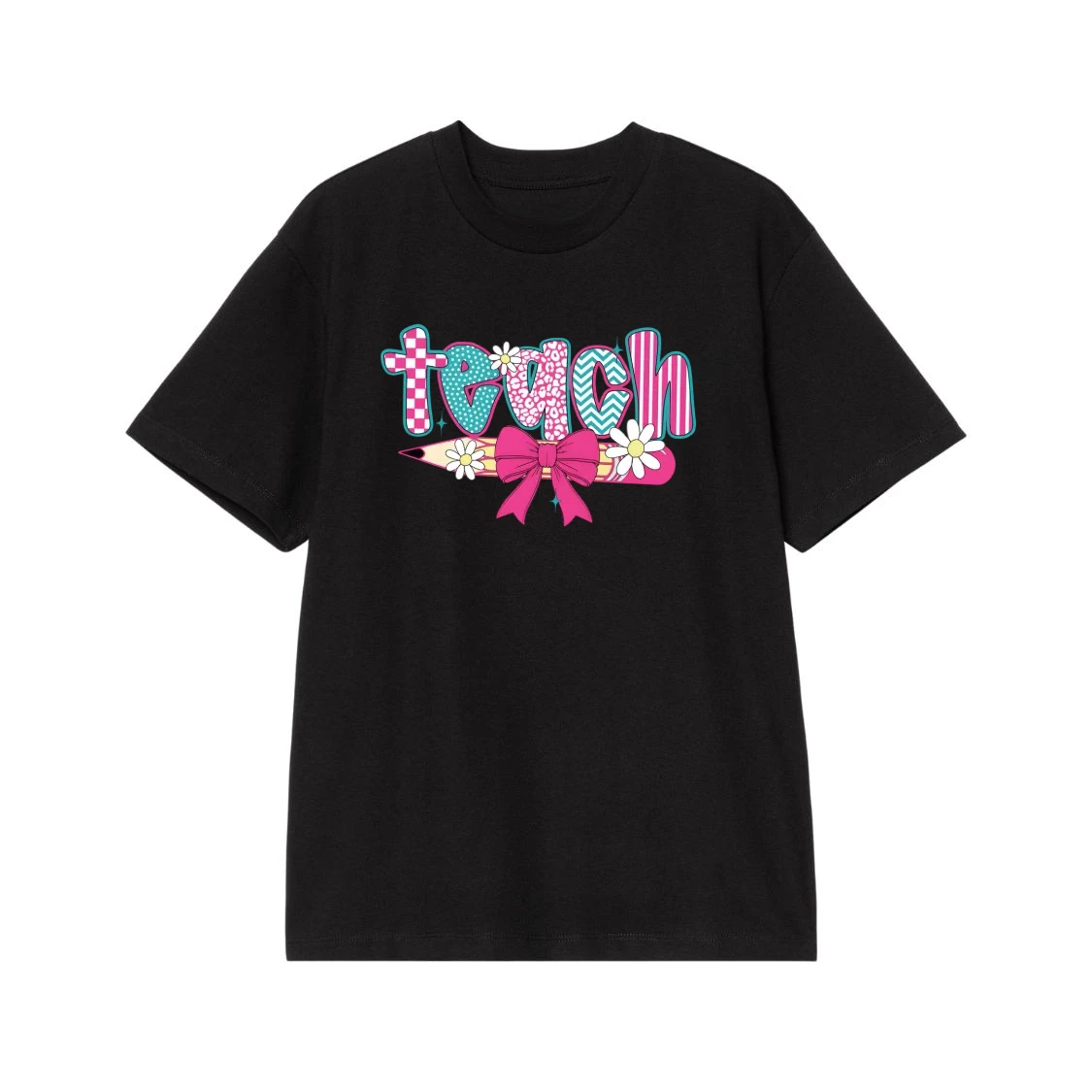 Colorful Teach Word Art With Pencil, Bow, And Daisies