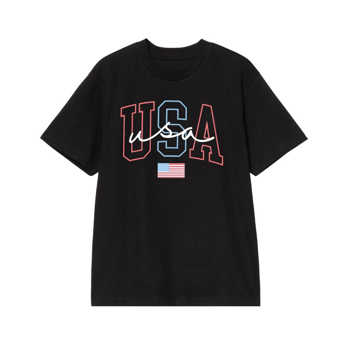 Usa Block And Script Letters American Flag T-Shirt