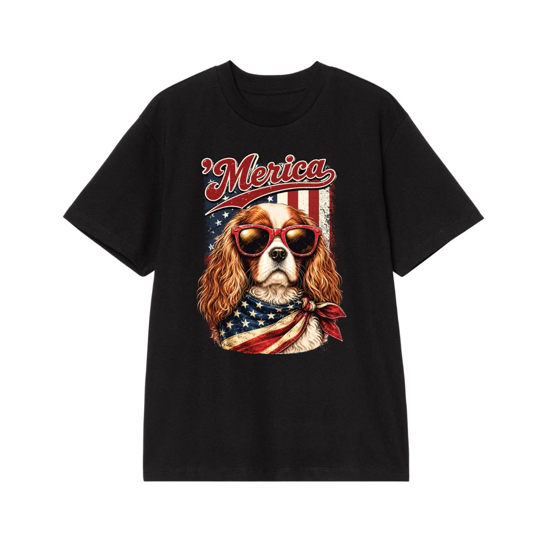 'Merica Cavalier King Charles Spaniel Dog With Sunglasses And American Flag Bandana