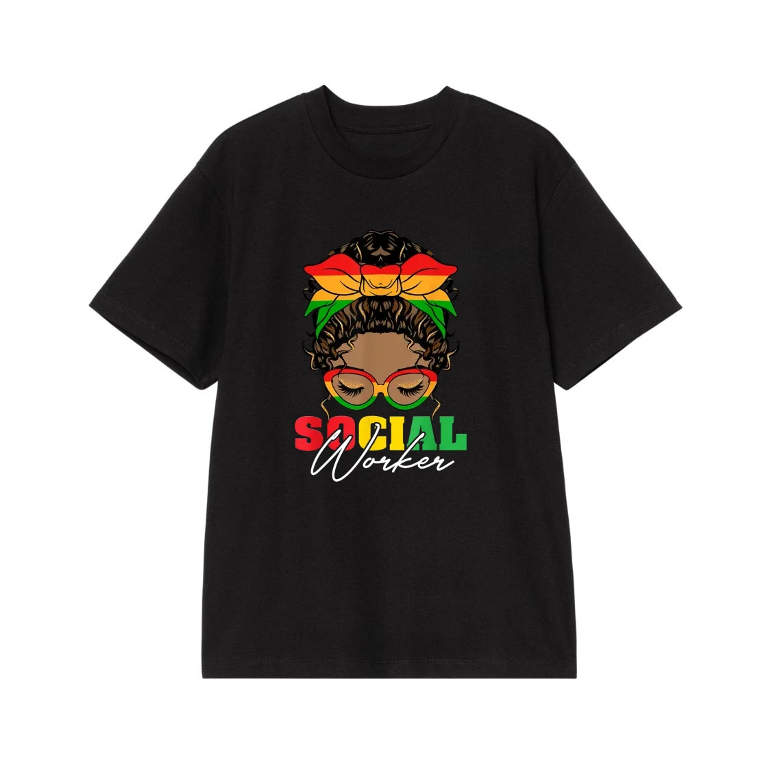 Black Woman Social Worker With Messy Bun And Pan-African Colors