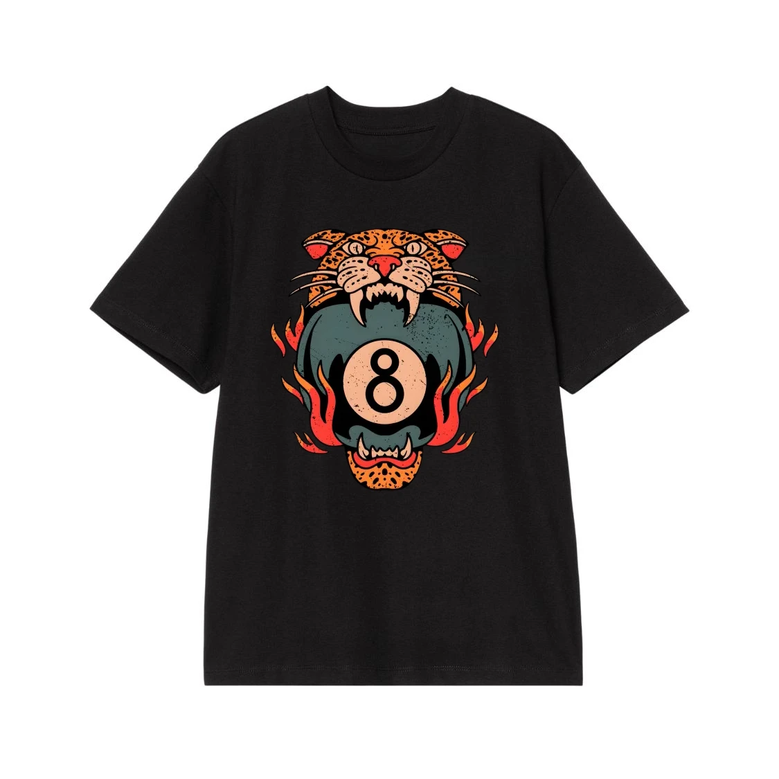 Traditional Tattoo Style Leopard Biting A Flaming 8-Ball