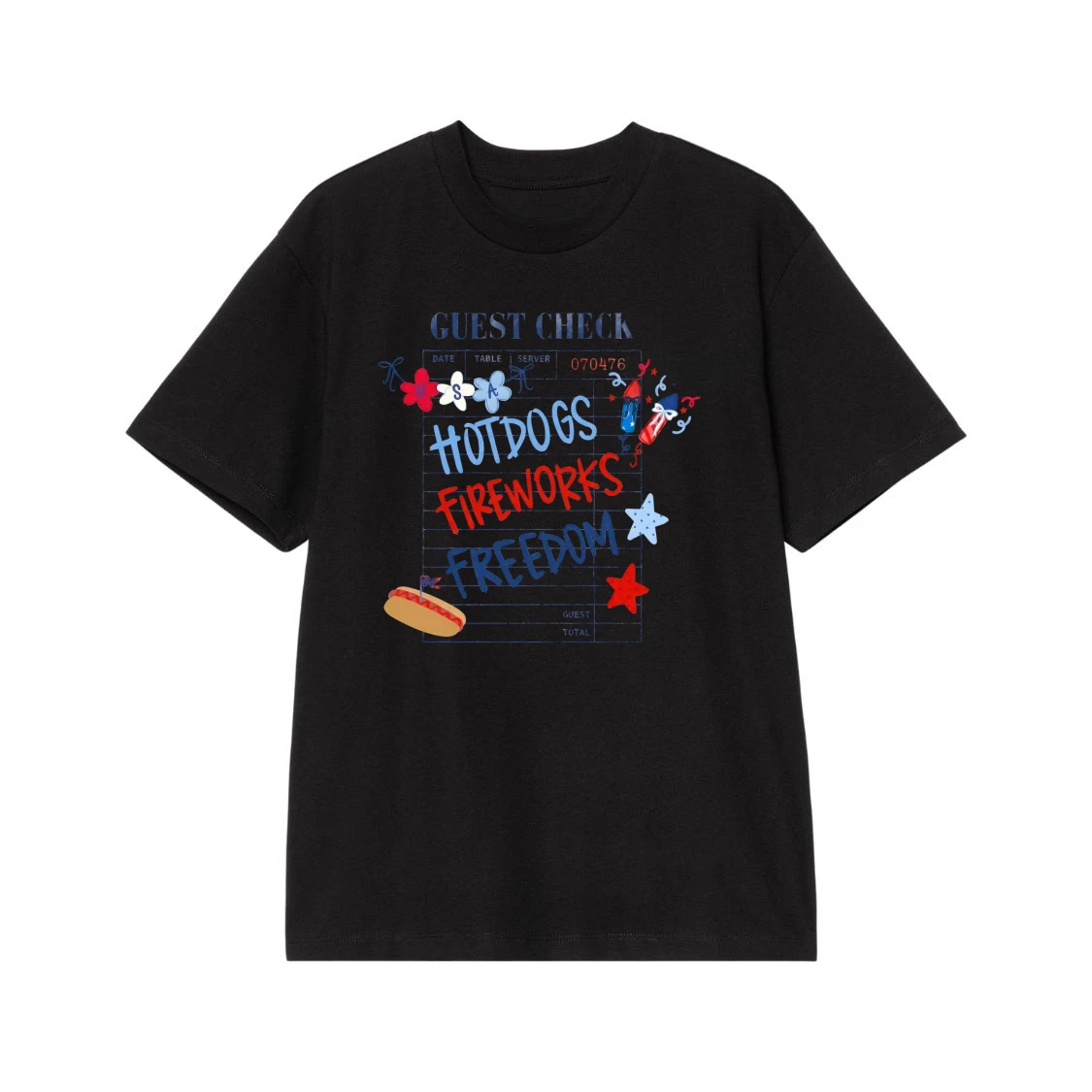 4th Of July Guest Check With Hotdogs, Fireworks, Freedom T-Shirt