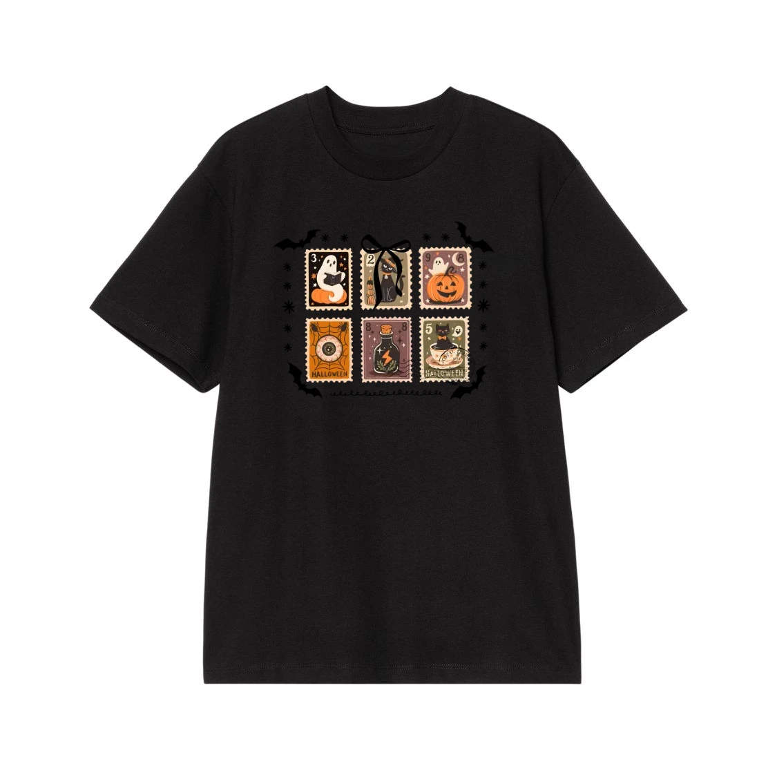 Cute Halloween Postage Stamps T-Shirt With Ghost, Black Cat, And Jack-O'-Lantern