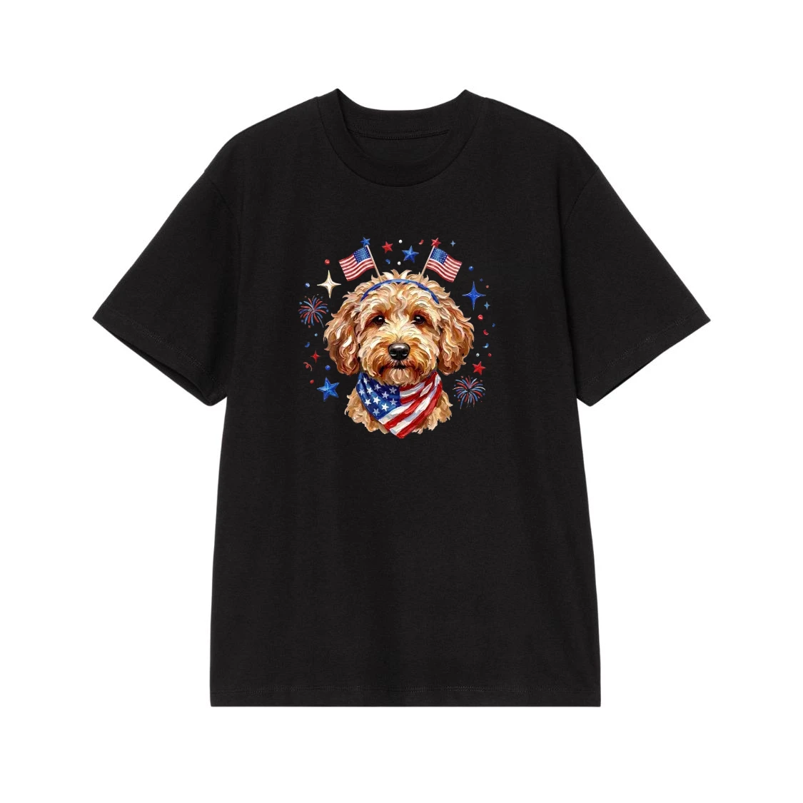 Patriotic Goldendoodle Dog With American Flag Bandana And Fireworks For 4th Of July