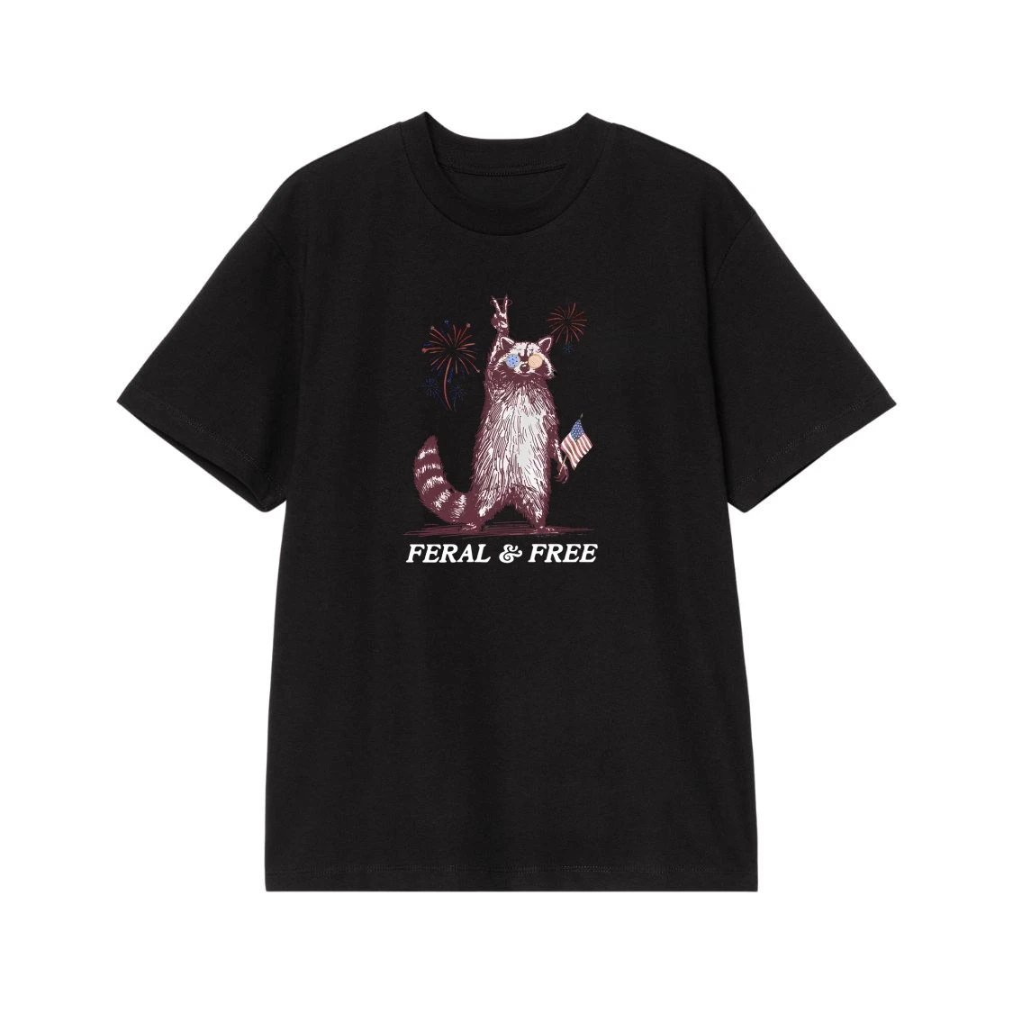 Feral & Free Patriotic Raccoon With American Flag Sunglasses And Fireworks