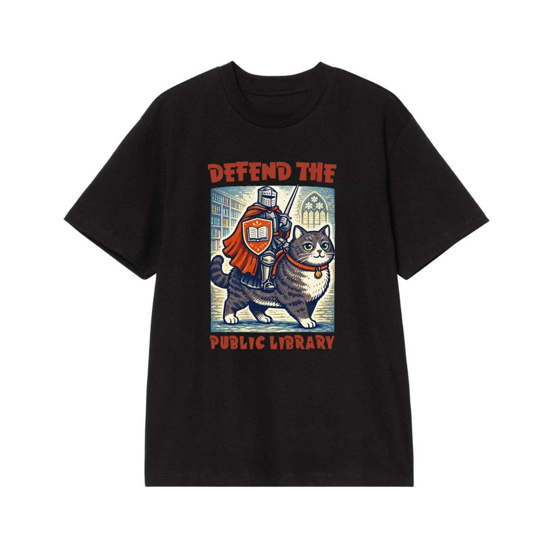 Defend The Public Library Knight Riding A Cat Vintage Illustration T-Shirt