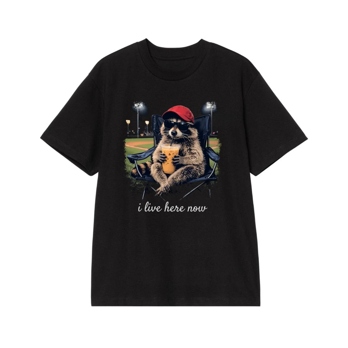 Raccoon At A Baseball Game With Iced Coffee 'I Live Here Now' Funny Quote