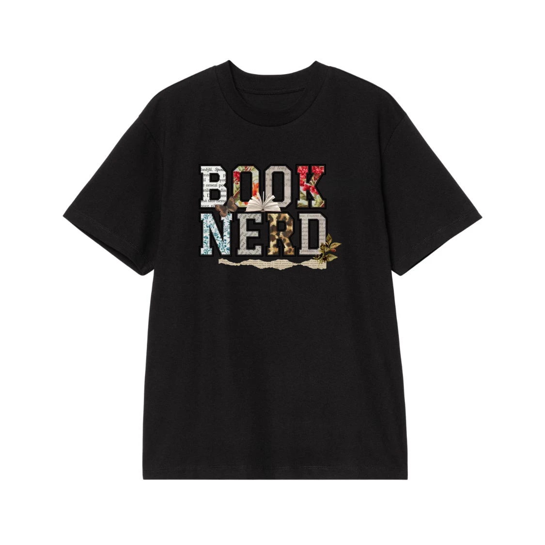 Book Nerd Floral Leopard Print Collage T-Shirt