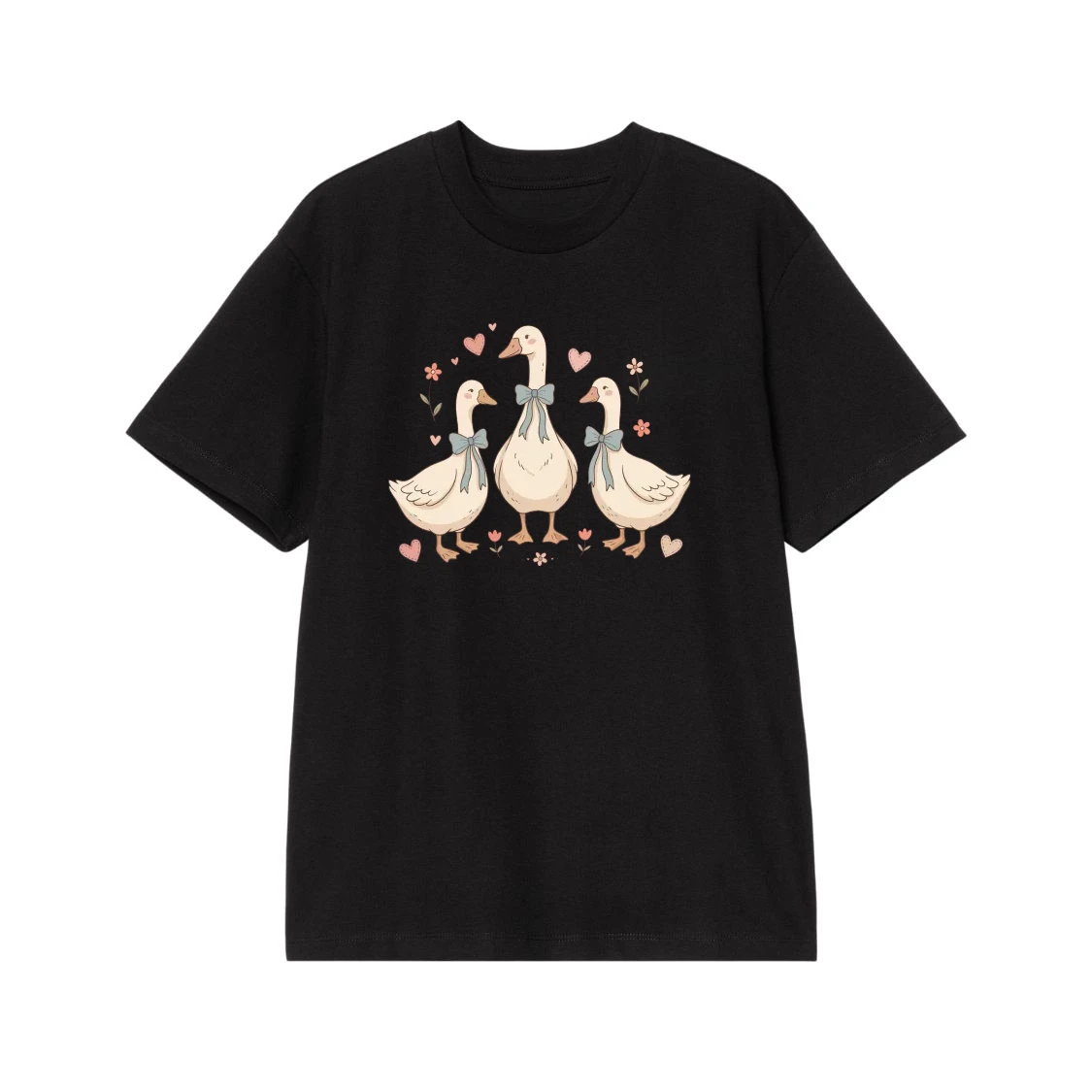 Cute Cartoon Geese With Bows Hearts And Flowers T-Shirt