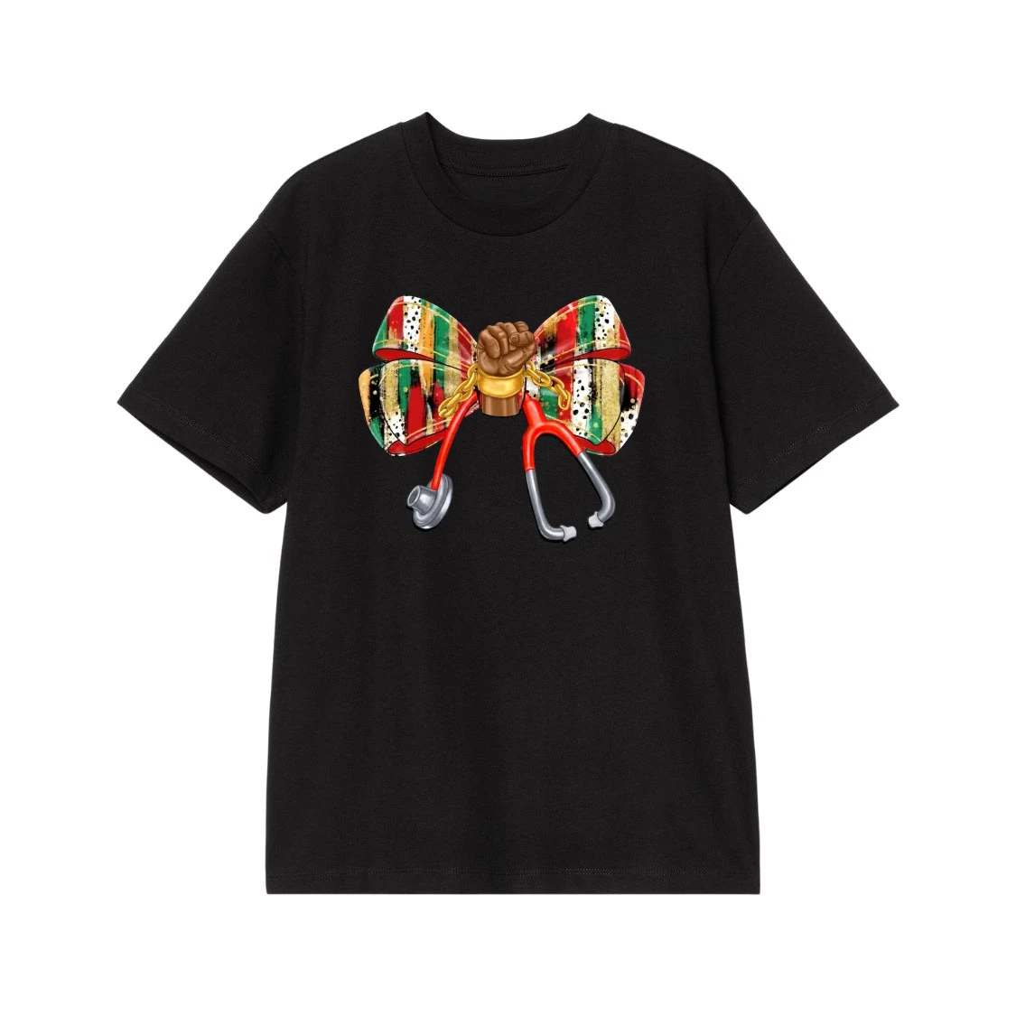 Black Nurse Pride With Stethoscope, Power Fist, And Pan-African Colors Bow