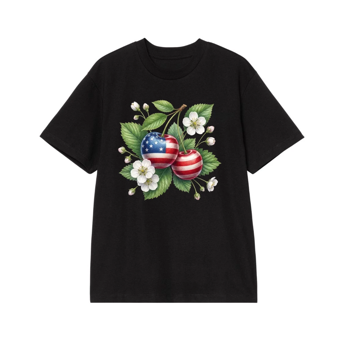 Patriotic American Flag Cherries With White Blossoms Illustration