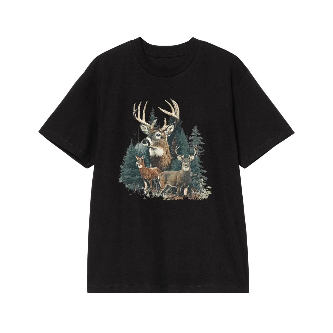 Vintage Wildlife Deer Family In Pine Forest Graphic