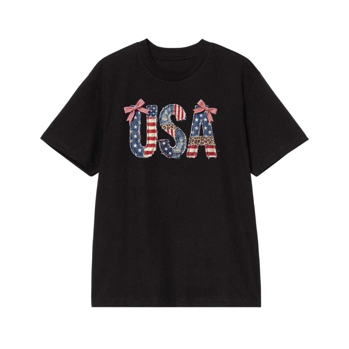Patriotic Usa Applique Patchwork T-Shirt With American Flag And Leopard Print