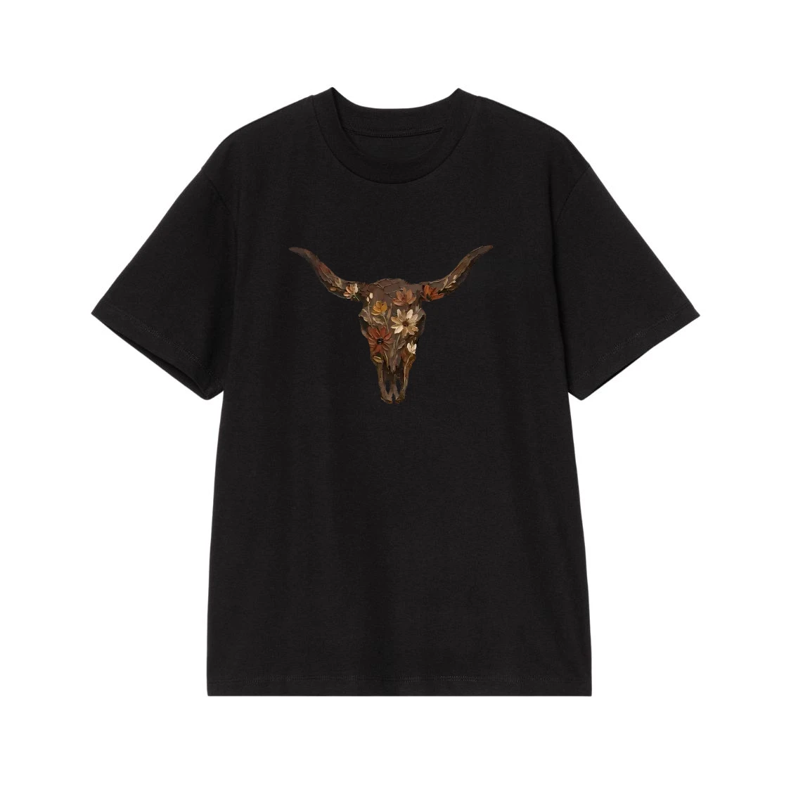 Bohemian Western Floral Longhorn Skull Graphic T-Shirt