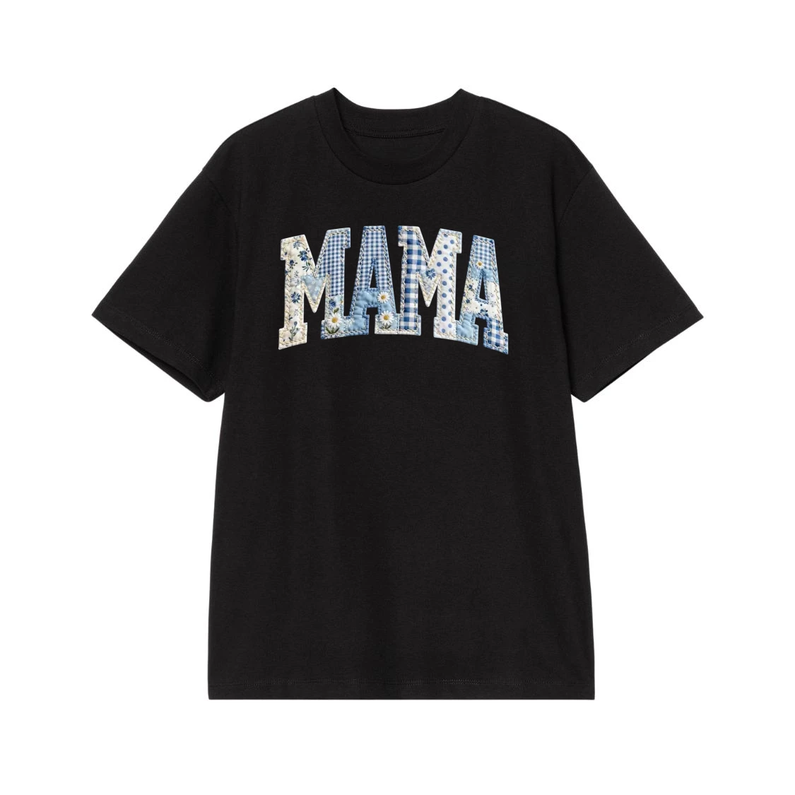 Mama Blue Floral Gingham Patchwork Applique T-Shirt