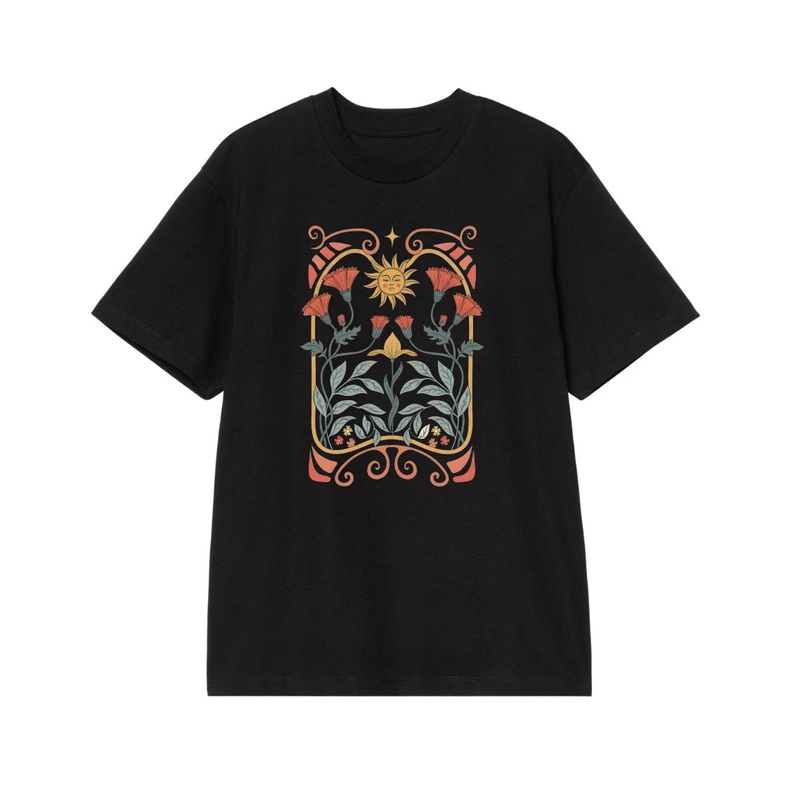 Retro Art Nouveau Smiling Sun And Floral Graphic