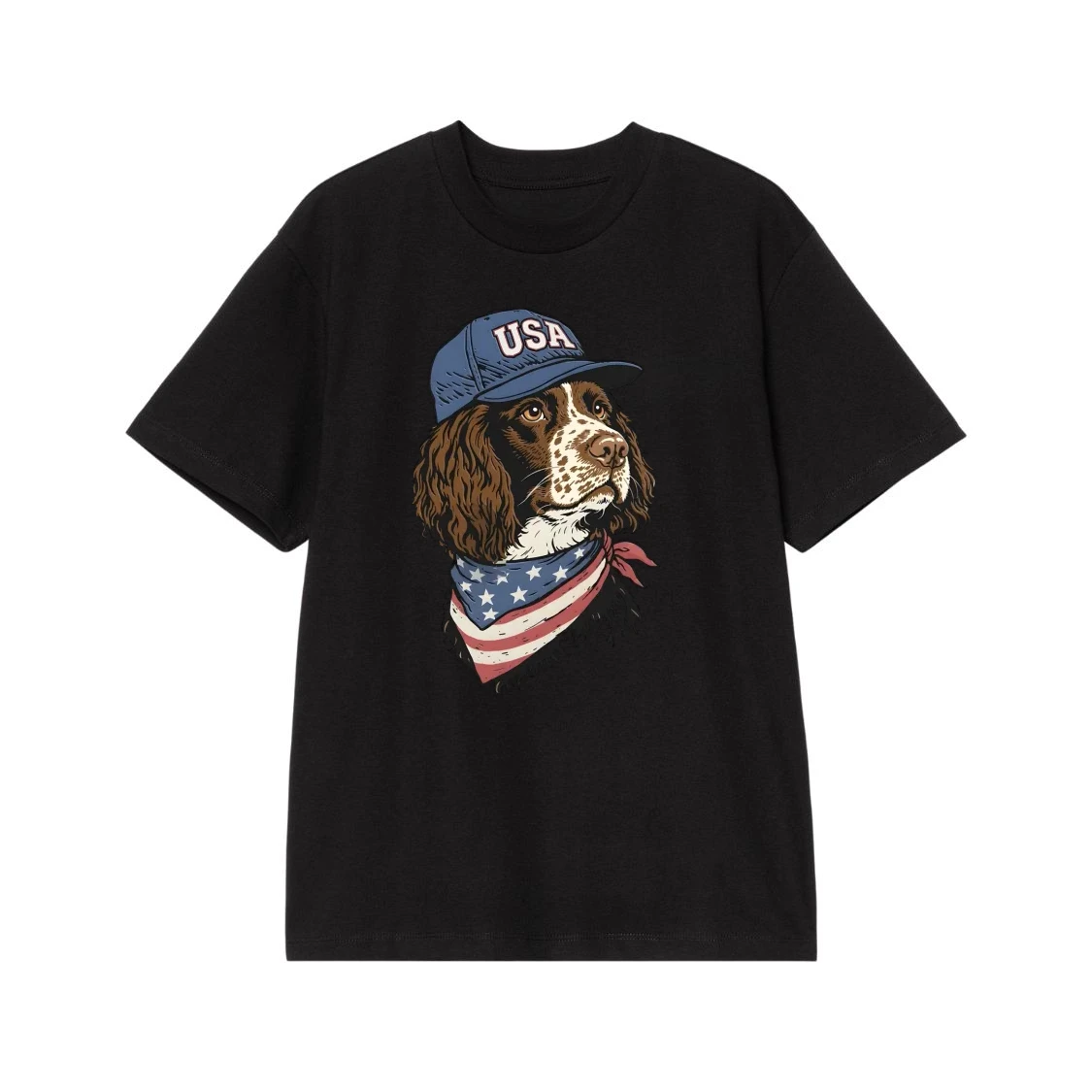 Patriotic Springer Spaniel Dog With Usa Hat And American Flag Bandana