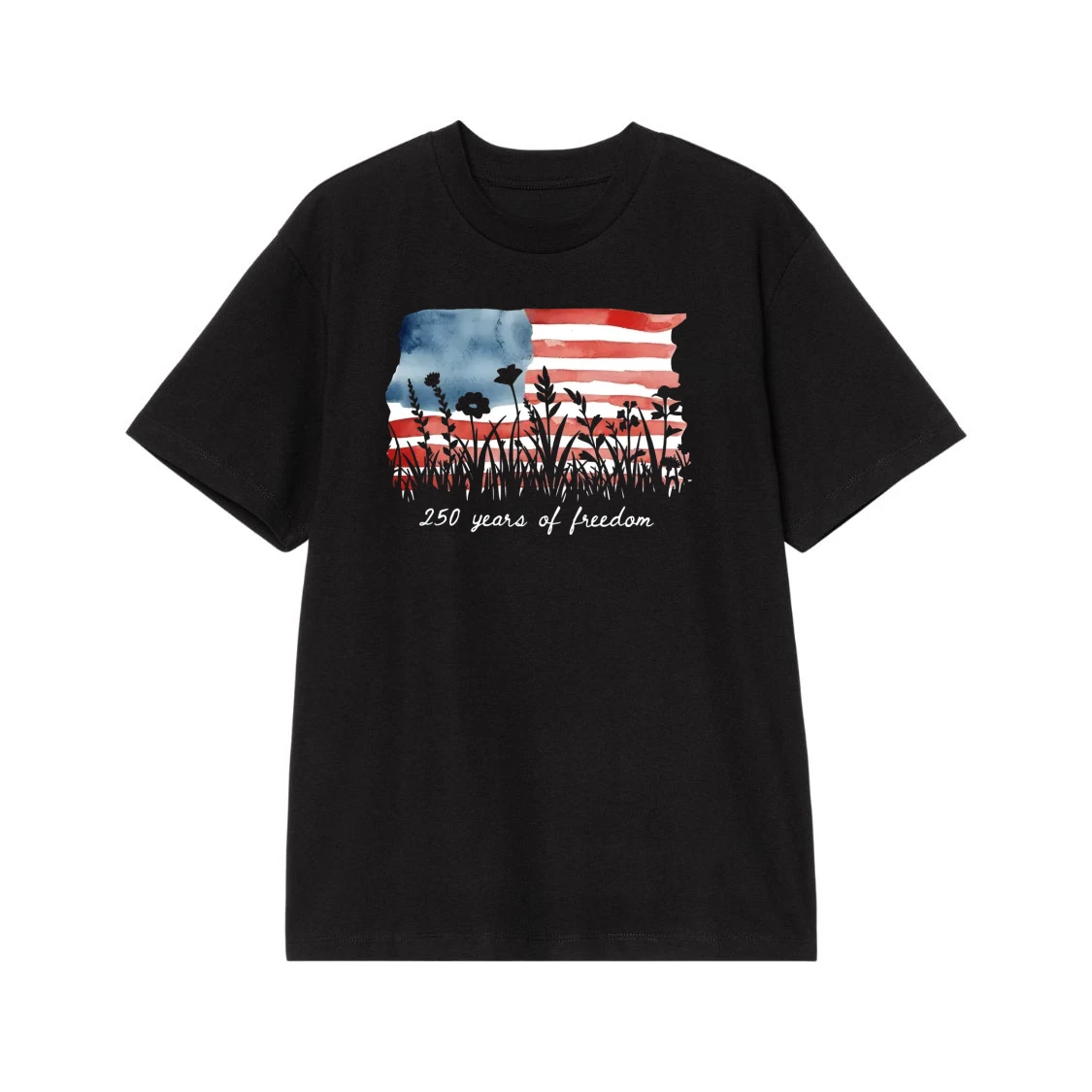 Watercolor American Flag Wildflower Field 250 Years Of Freedom T-Shirt