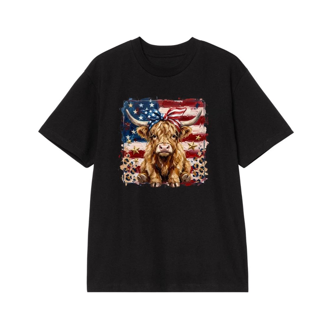 Patriotic Highland Cow With American Flag Bandana And Leopard Print