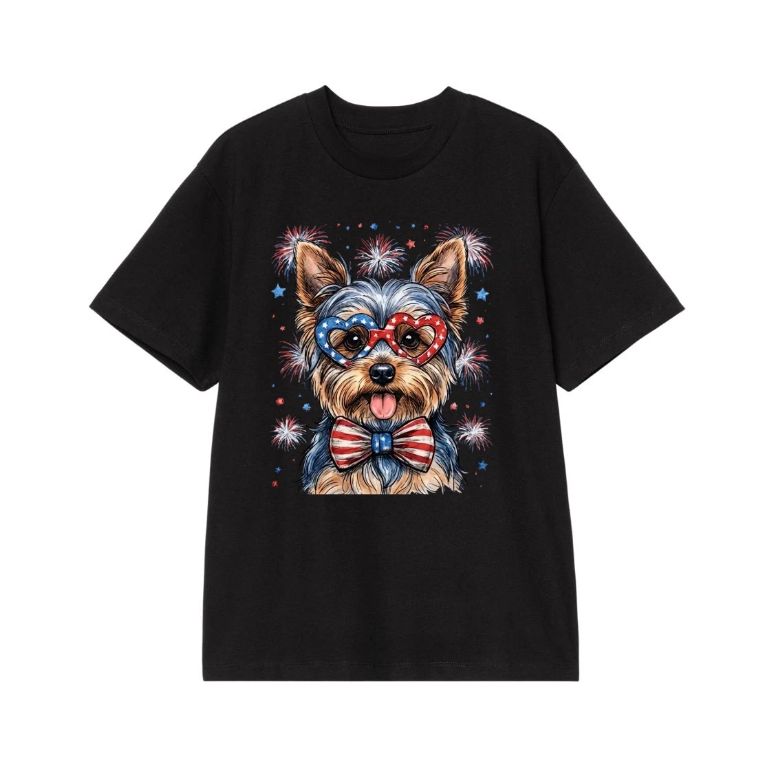Patriotic Dog Wearing American Flag Sunglasses And Bow Tie With Fireworks