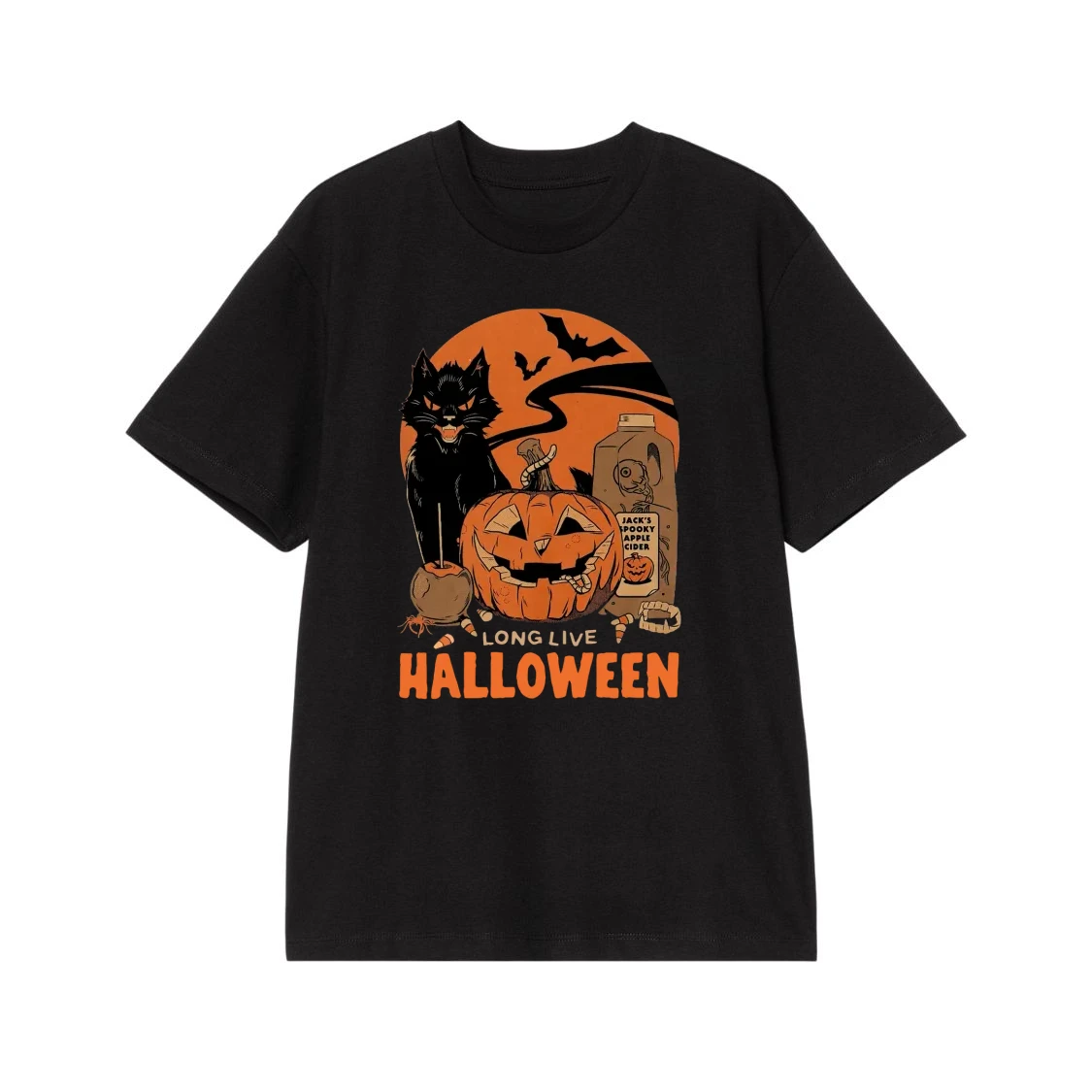 Long Live Halloween Vintage Graphic T-Shirt With Black Cat And Jack-O'-Lantern