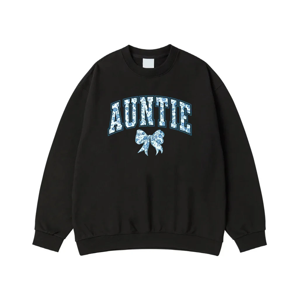 Auntie Varsity Font Sweatshirt With Blue Floral Pattern And Bow