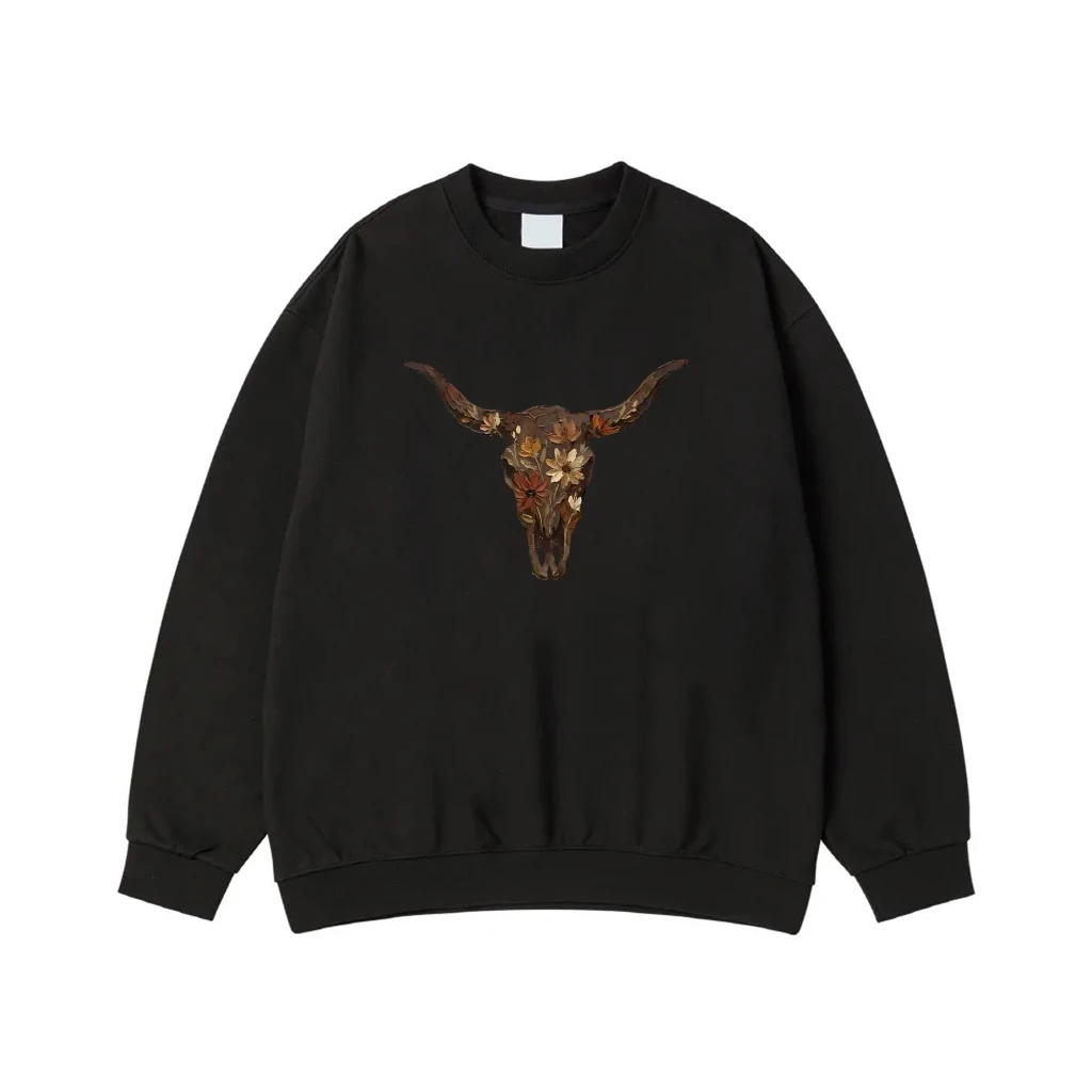 Bohemian Western Floral Longhorn Skull Graphic T-Shirt