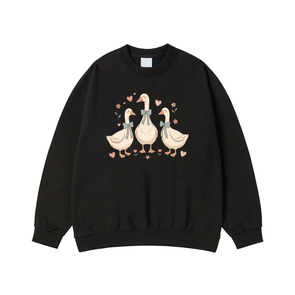 Cute Cartoon Geese With Bows Hearts And Flowers T-Shirt