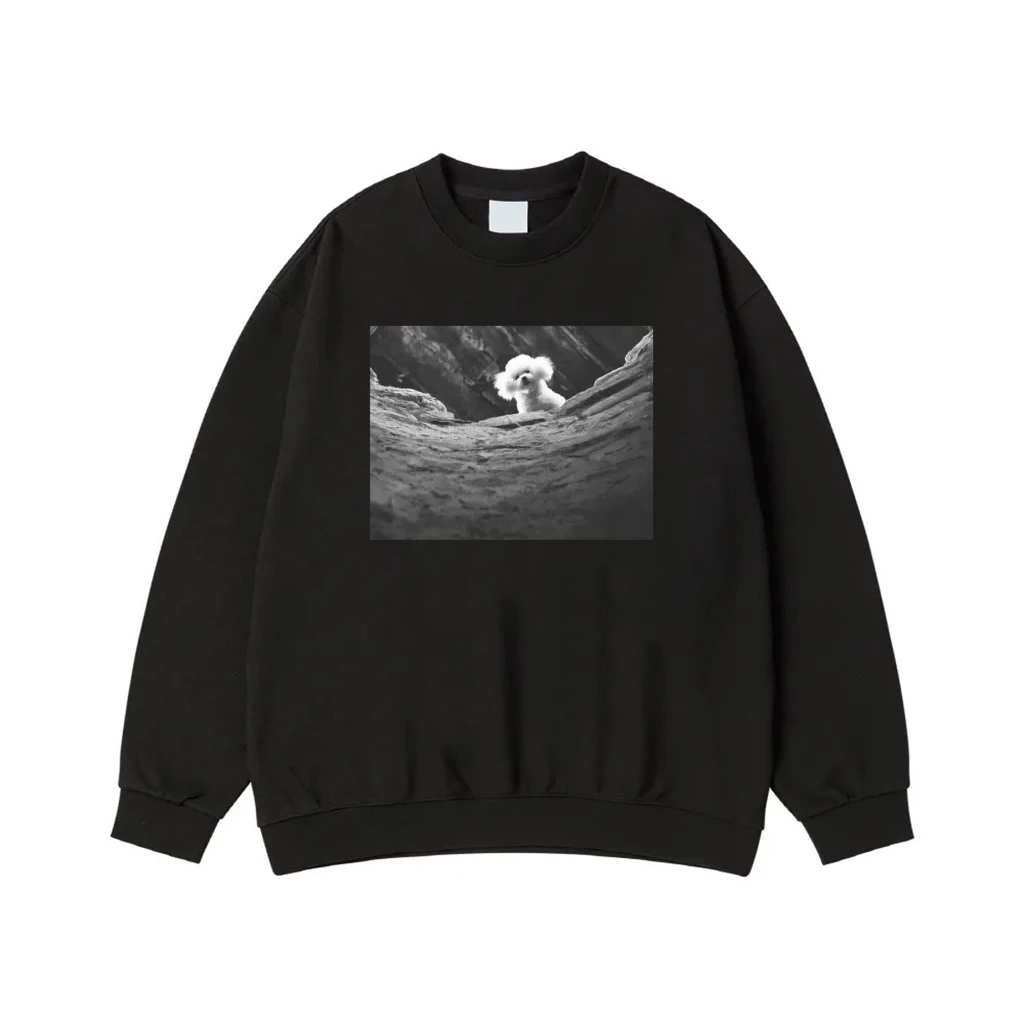 Cute Fluffy Poodle Dog Peeking Over Rocks Black And White Photo T-Shirt