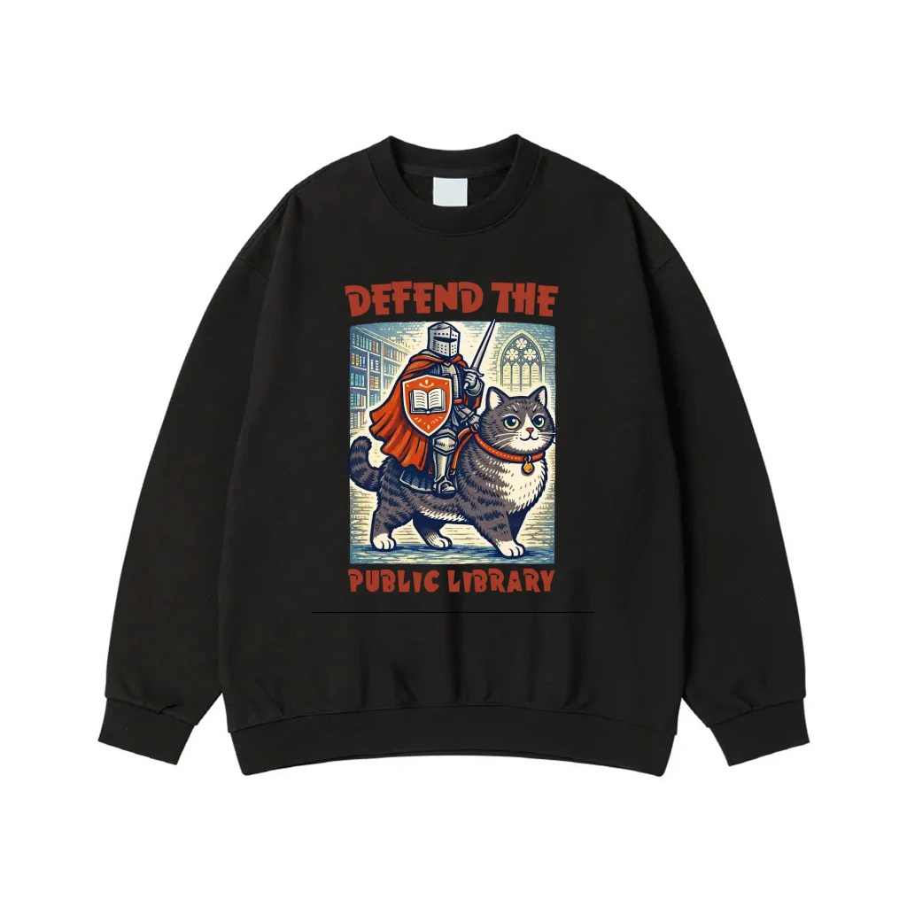 Defend The Public Library Knight Riding A Cat Vintage Illustration T-Shirt