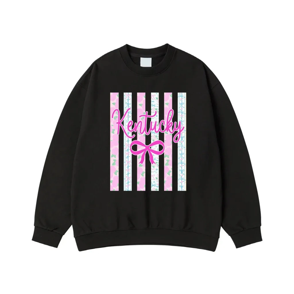 Kentucky Cursive Script With Pink Bow On A Preppy Floral Striped Background