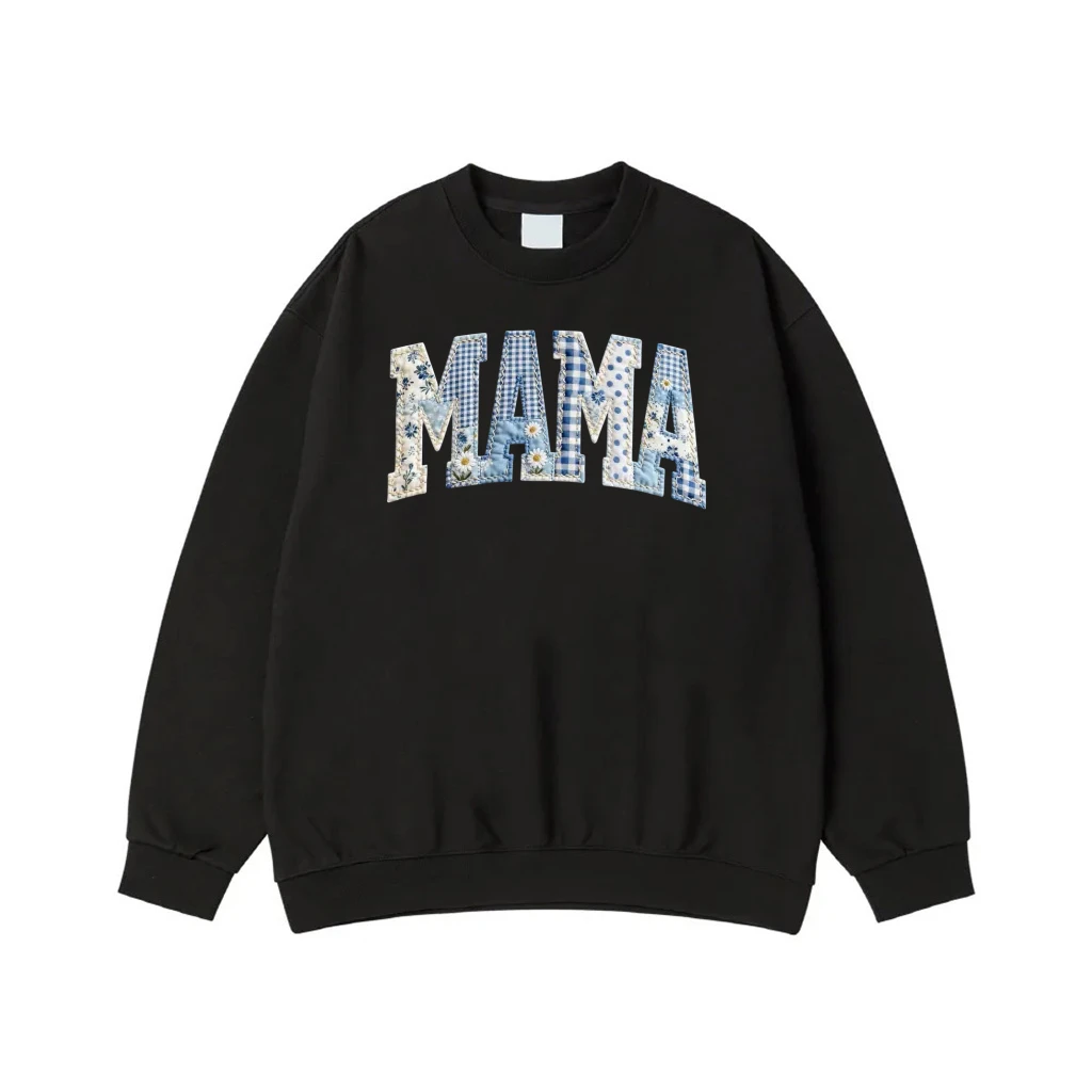 Mama Blue Patchwork Floral And Gingham Varsity Letters