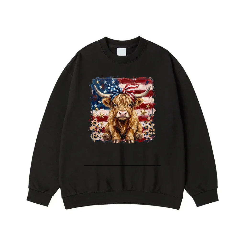 Patriotic Highland Cow With American Flag Bandana And Leopard Print
