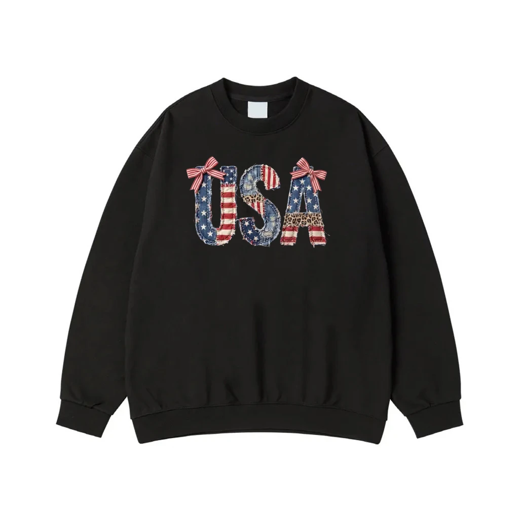 Patriotic Usa Applique Patchwork T-Shirt With American Flag And Leopard Print