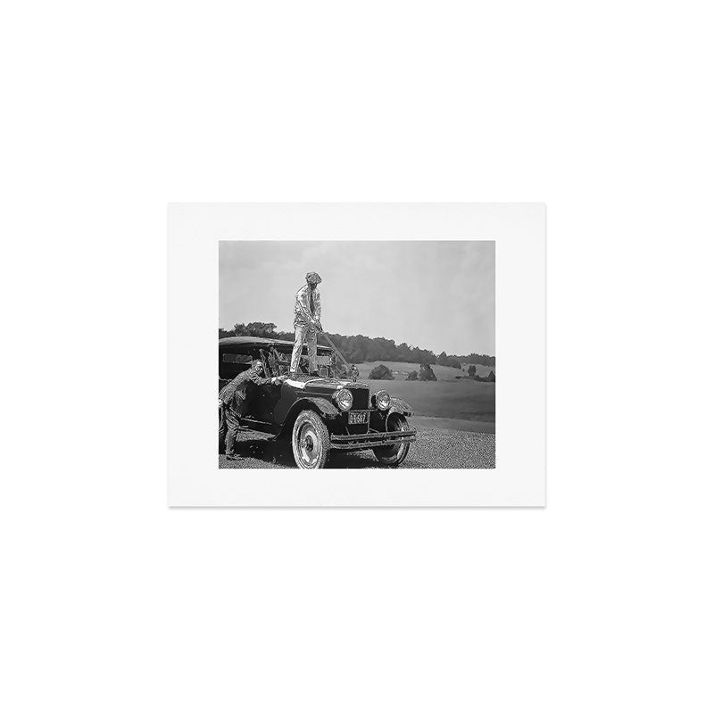 Pro Golfer Hitting Golf Ball Off Vintage Car Hood Ornament On A Dare Par One 18th Hole Funny Black And White Golf Sport Photograph - Photography - Photographs Art Print