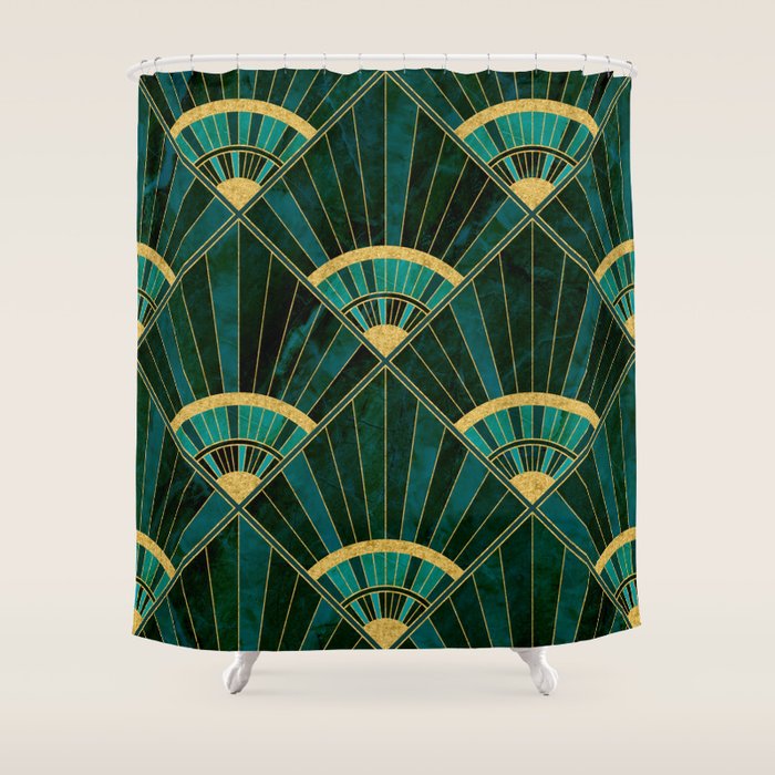 Art Deco Real Green Marbled Geometric Pattern Shower Curtain