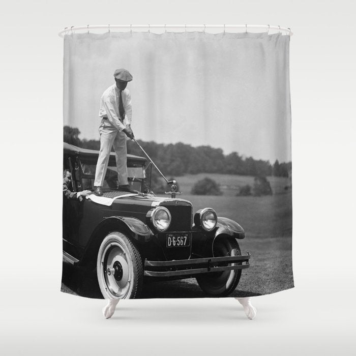 Pro Golfer Hitting Golf Ball Off Vintage Car Hood Ornament On A Dare Par One 18th Hole Funny Black And White Golf Sport Photograph - Photography - Photographs Shower Curtain