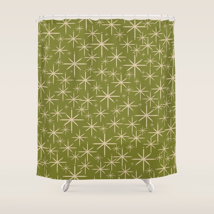 Retro Atomic Twinkling Starburst Pattern In Midcentury Modern Olive Green And Beige Shower Curtain