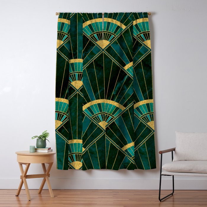 Art Deco Real Green Marbled Geometric Pattern Window Curtain
