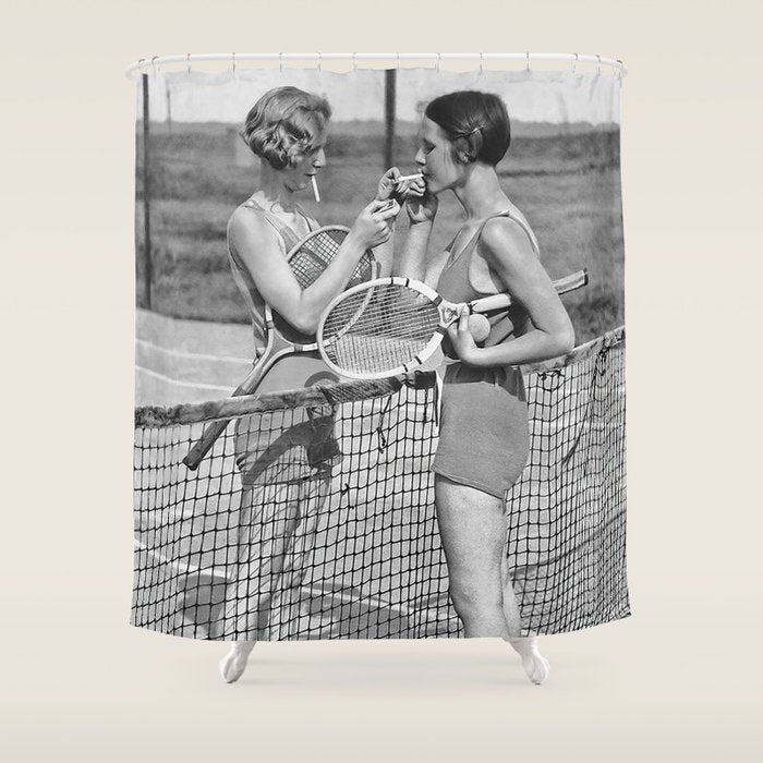 Tennis Players Taking A Cigarette Break, Black And White Vintage Art Shower Curtain