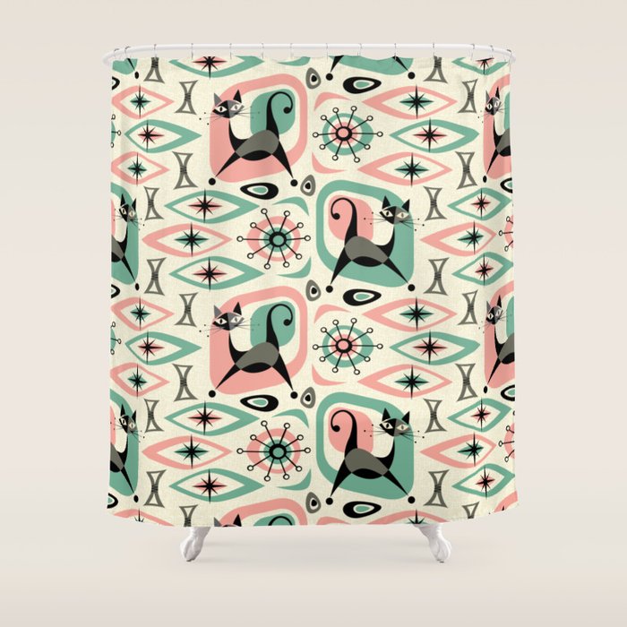 Mid Century Cat Abstract - Pink Aqua Shower Curtain