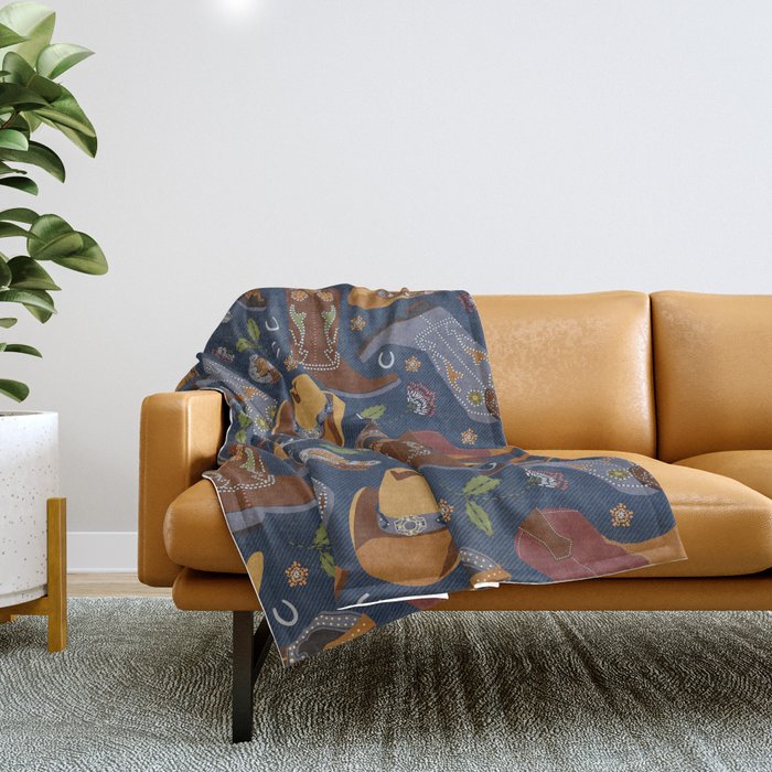 Embroidered Cowgirls | Blue Throw Blanket