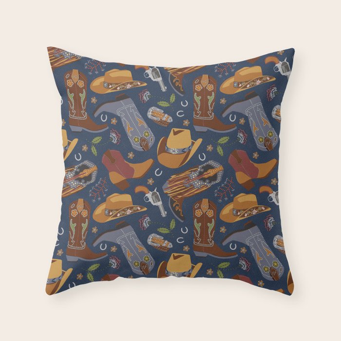 Embroidered Cowgirls | Blue Throw Pillow