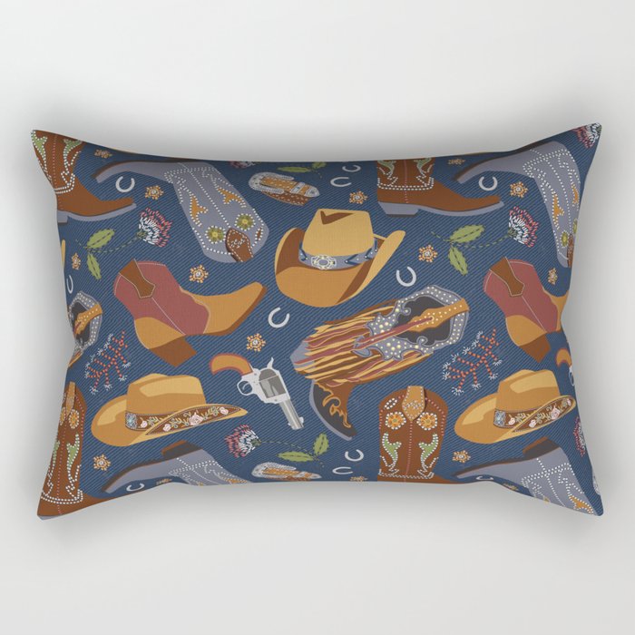 Embroidered Cowgirls | Blue Rectangular Pillow